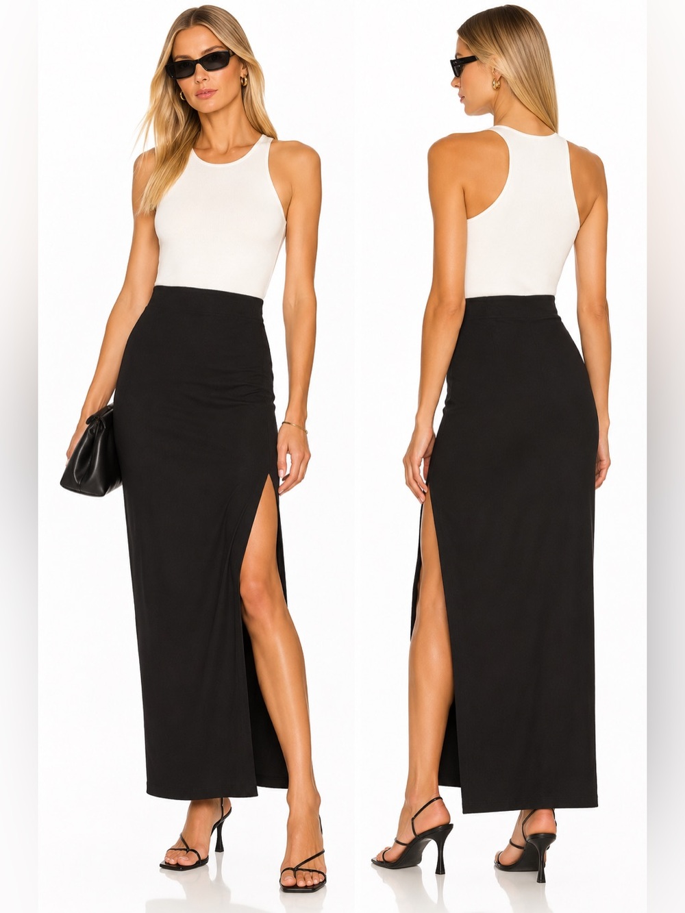 LESET Black High Waist Maxi Pencil Skirt Side Slit Small knit jersey